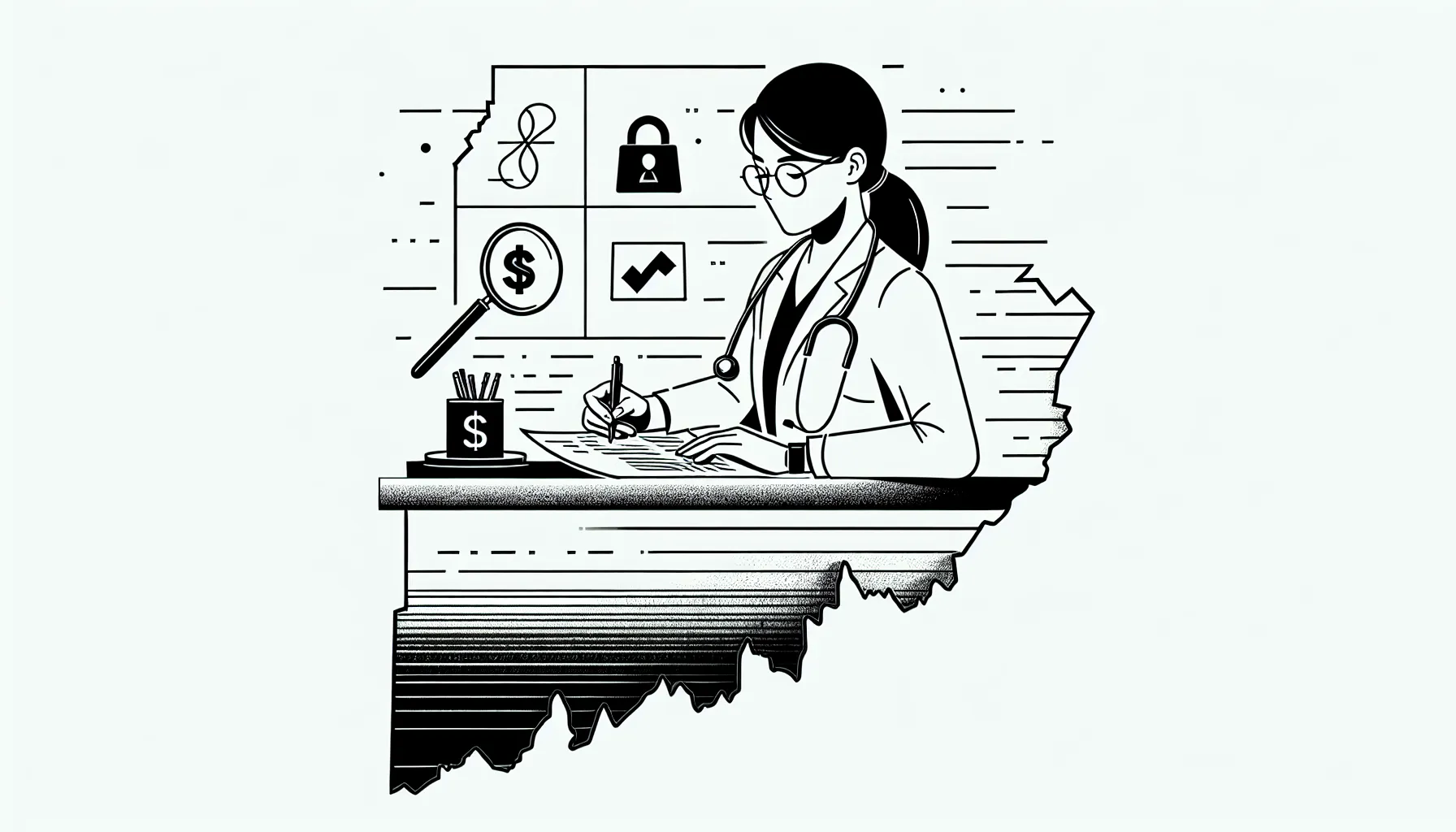A veterinarian at a desk reviewing a contract with New Hampshire outline of New Hampshire Veterinary Contract Review.