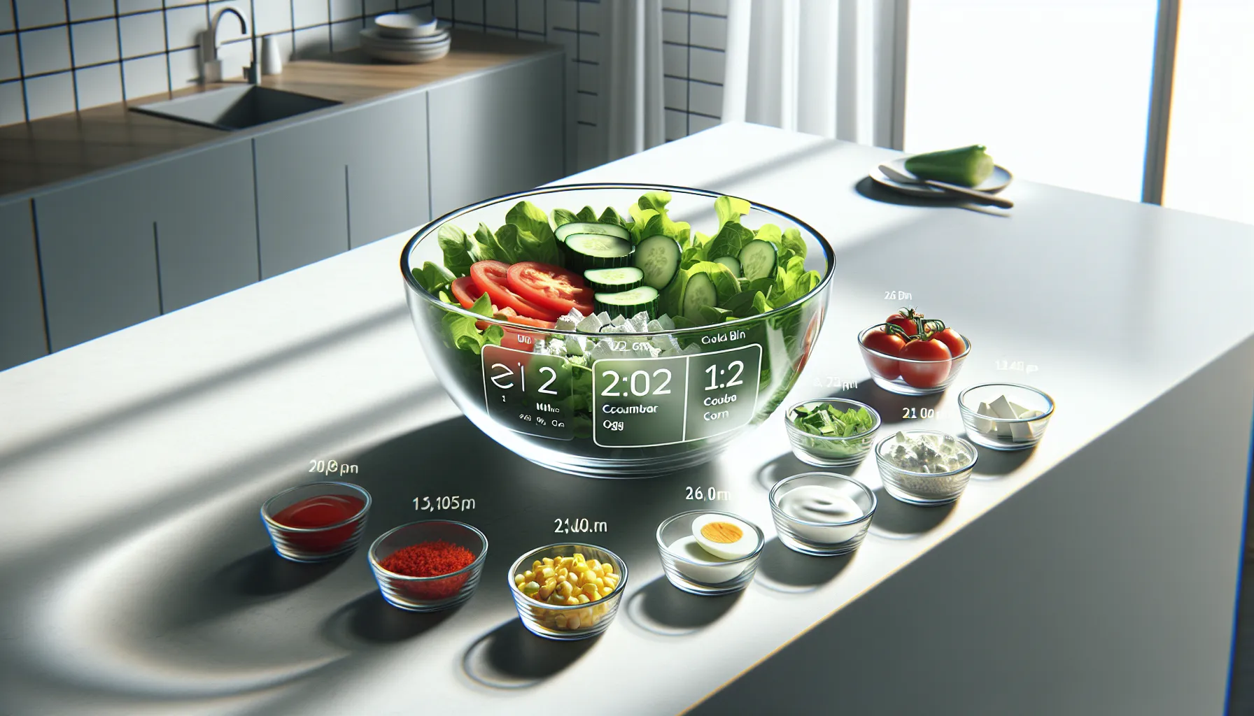 Fresh salad ingredients with calorie details in a modern kitchen.