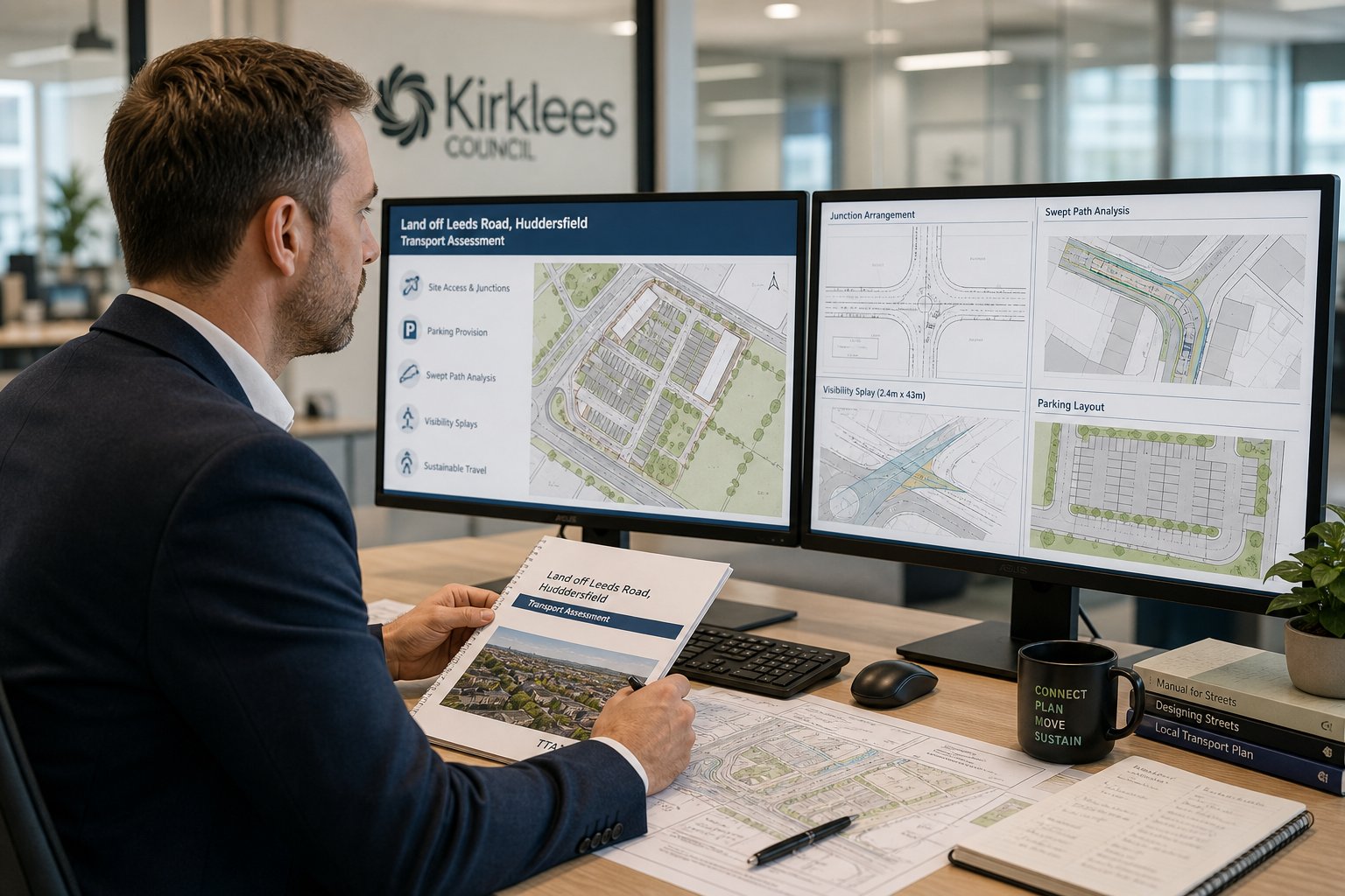 Traffic engineer reviewing local transport plans in a modern UK office.