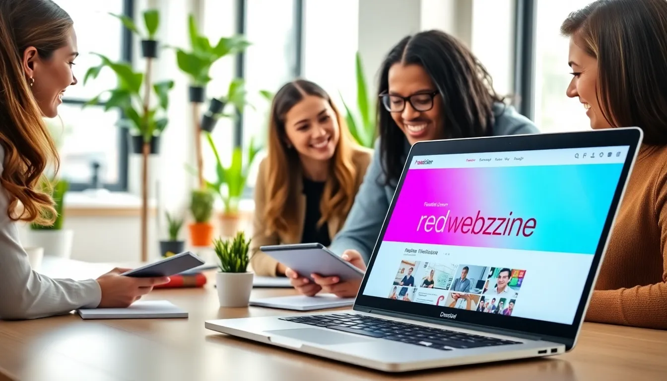 team collaborating in a vibrant digital publication workspace.