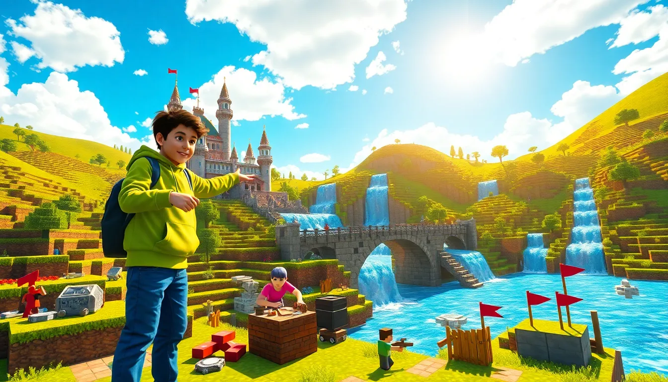 players collaborating on a vibrant Minecraft building project in a colorful landscape.