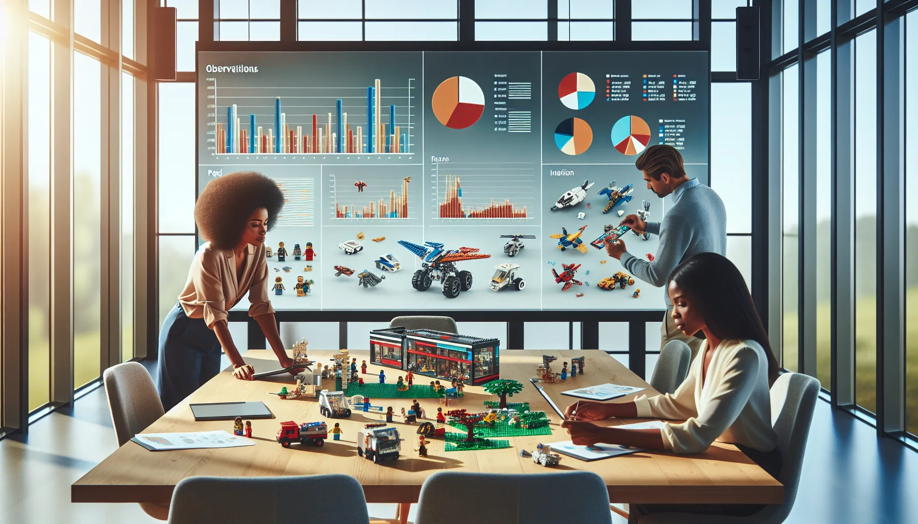 diverse team evaluating Lego sets in a modern office.