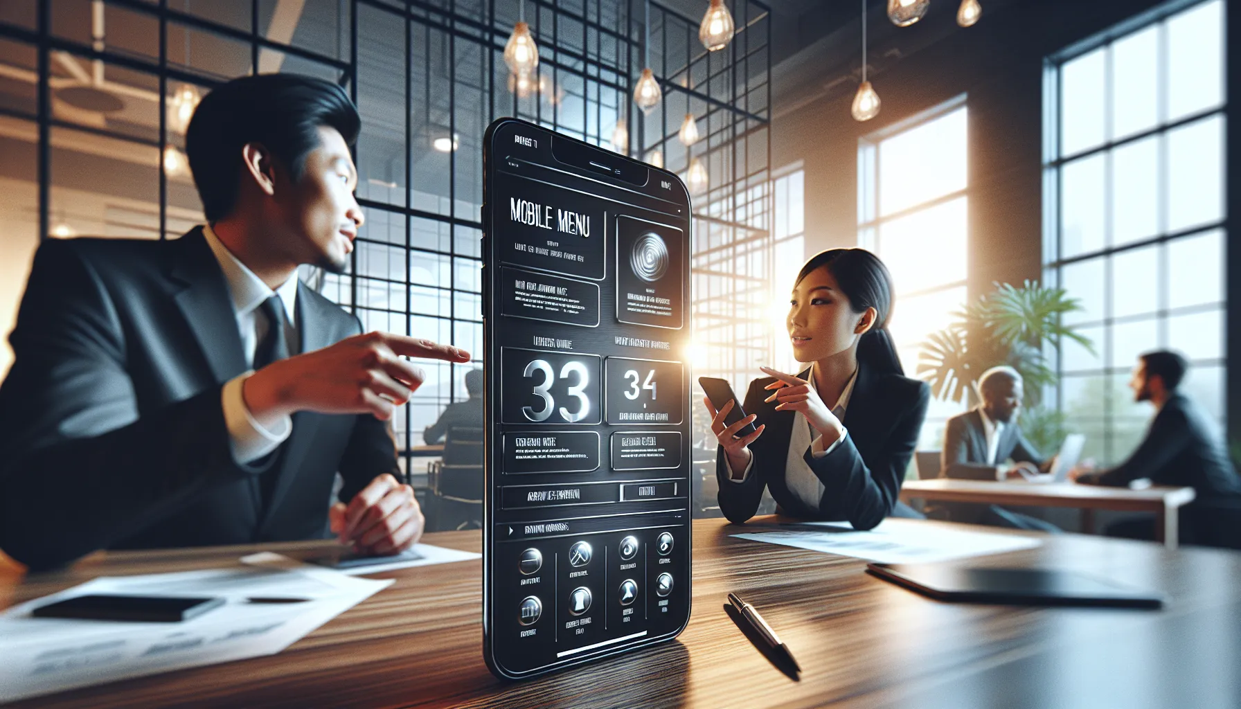 smartphone showcasing an intuitive mobile menu in a modern office.