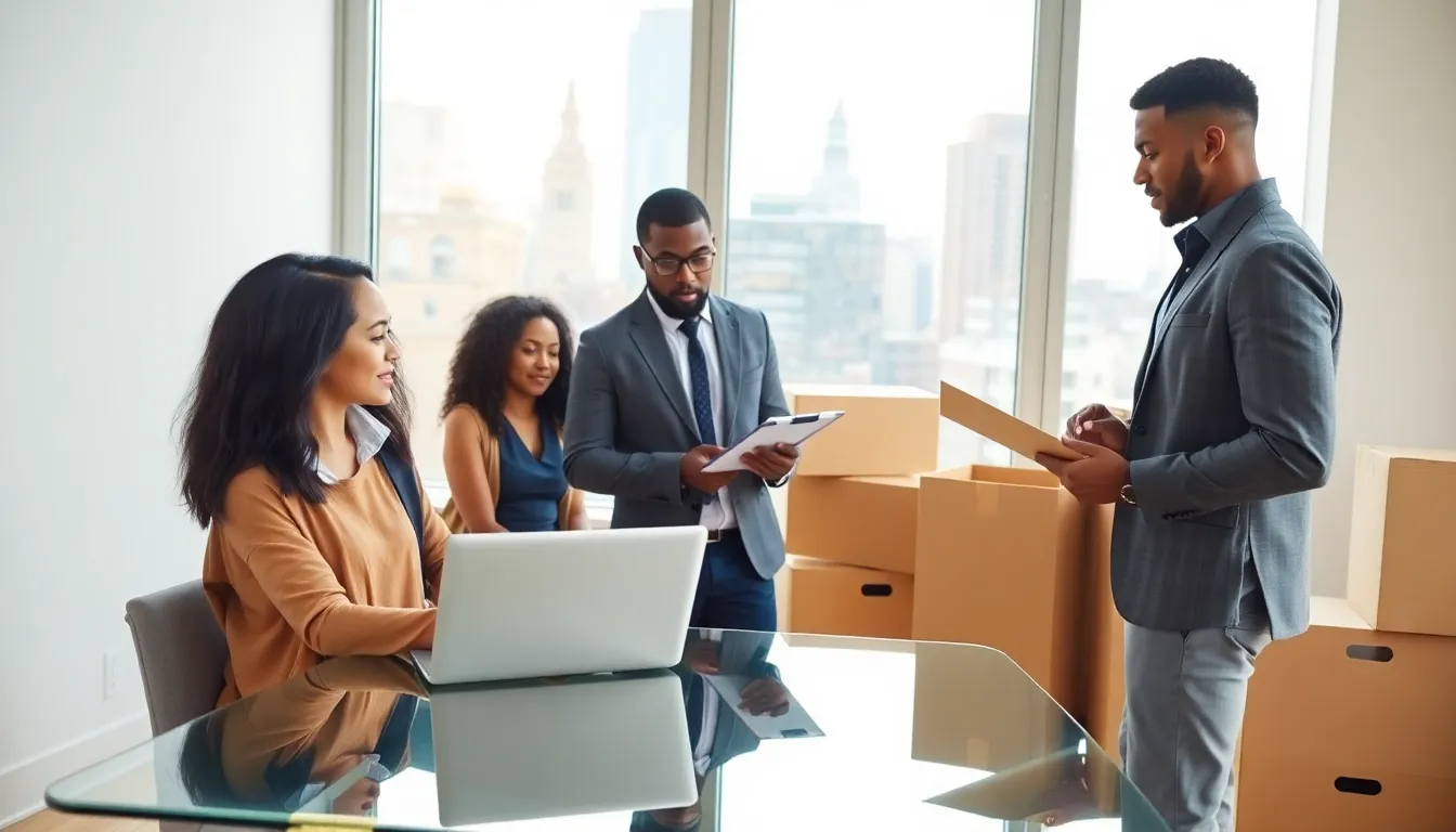 group planning a move in a bright Boston apartment.