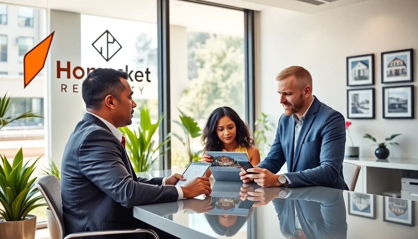A real estate agent assisting a couple in a modern office.