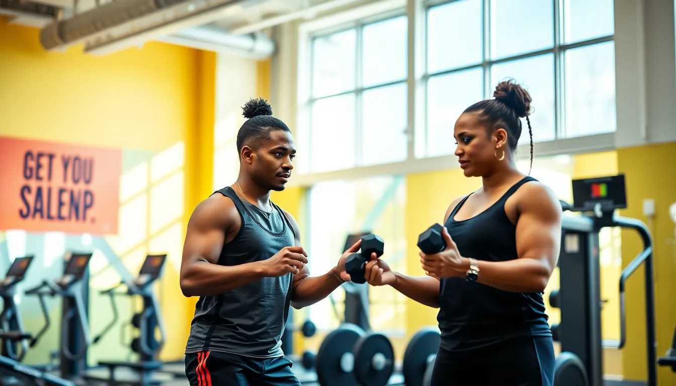 personal trainer guiding a client in a modern gym setting.