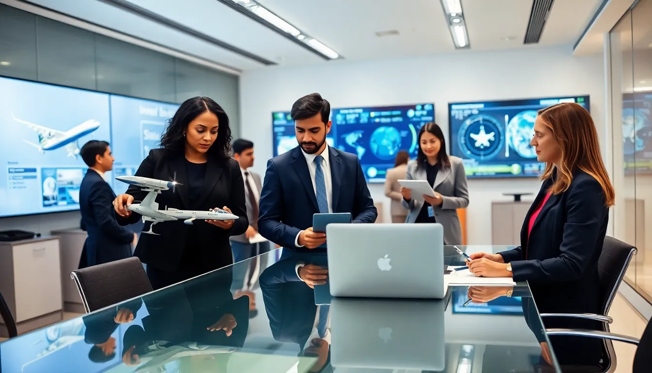 professionals discussing aviation and space technology in a modern office.