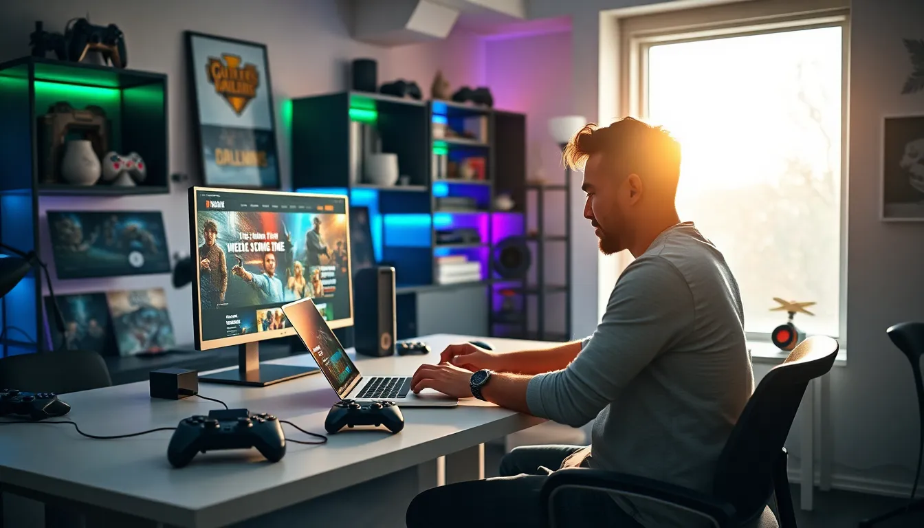 gamer working at a modern desk with gaming memorabilia.