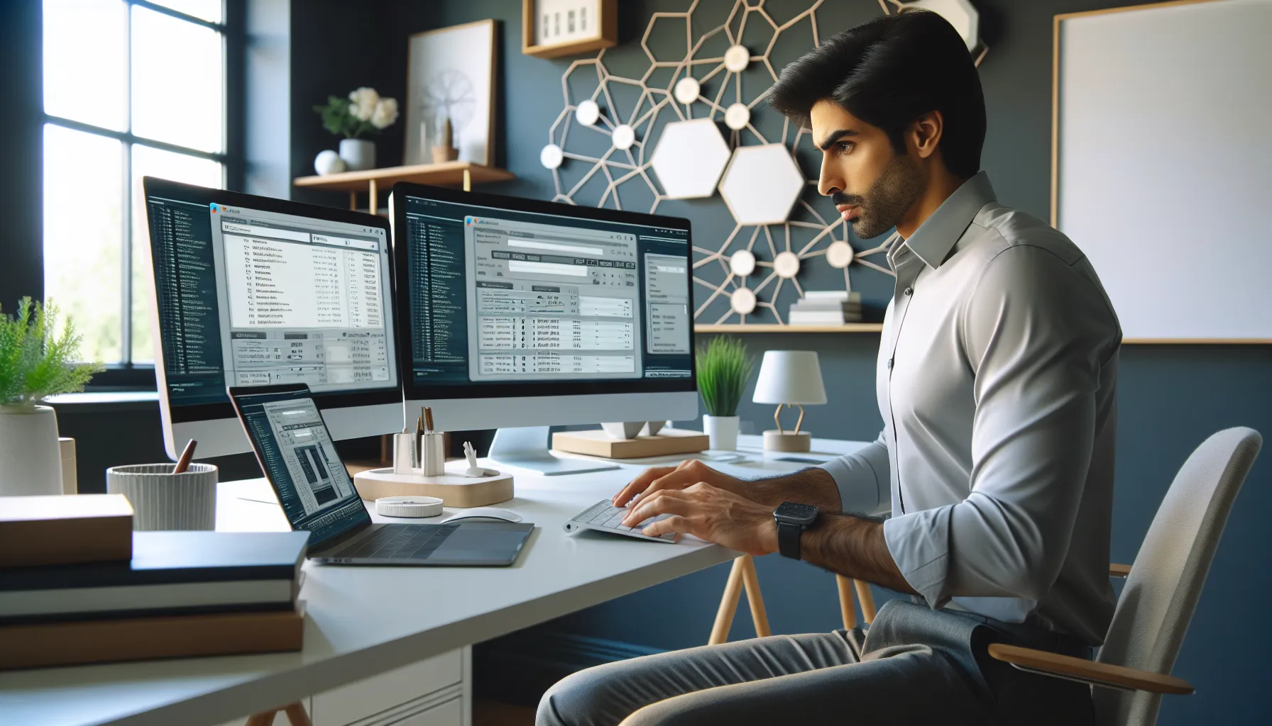 person in a modern office identifying their IP address on a computer.