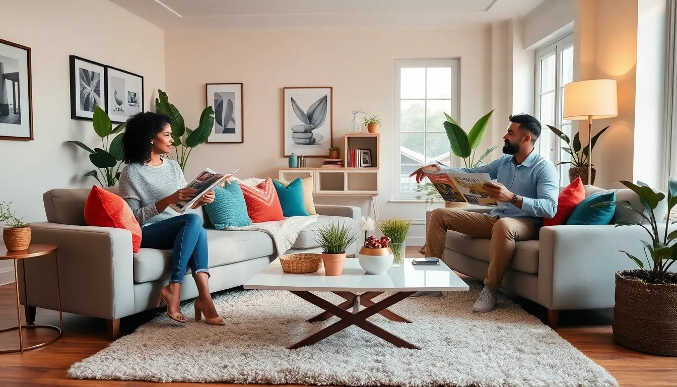 two individuals discussing home decor in a stylish living room.