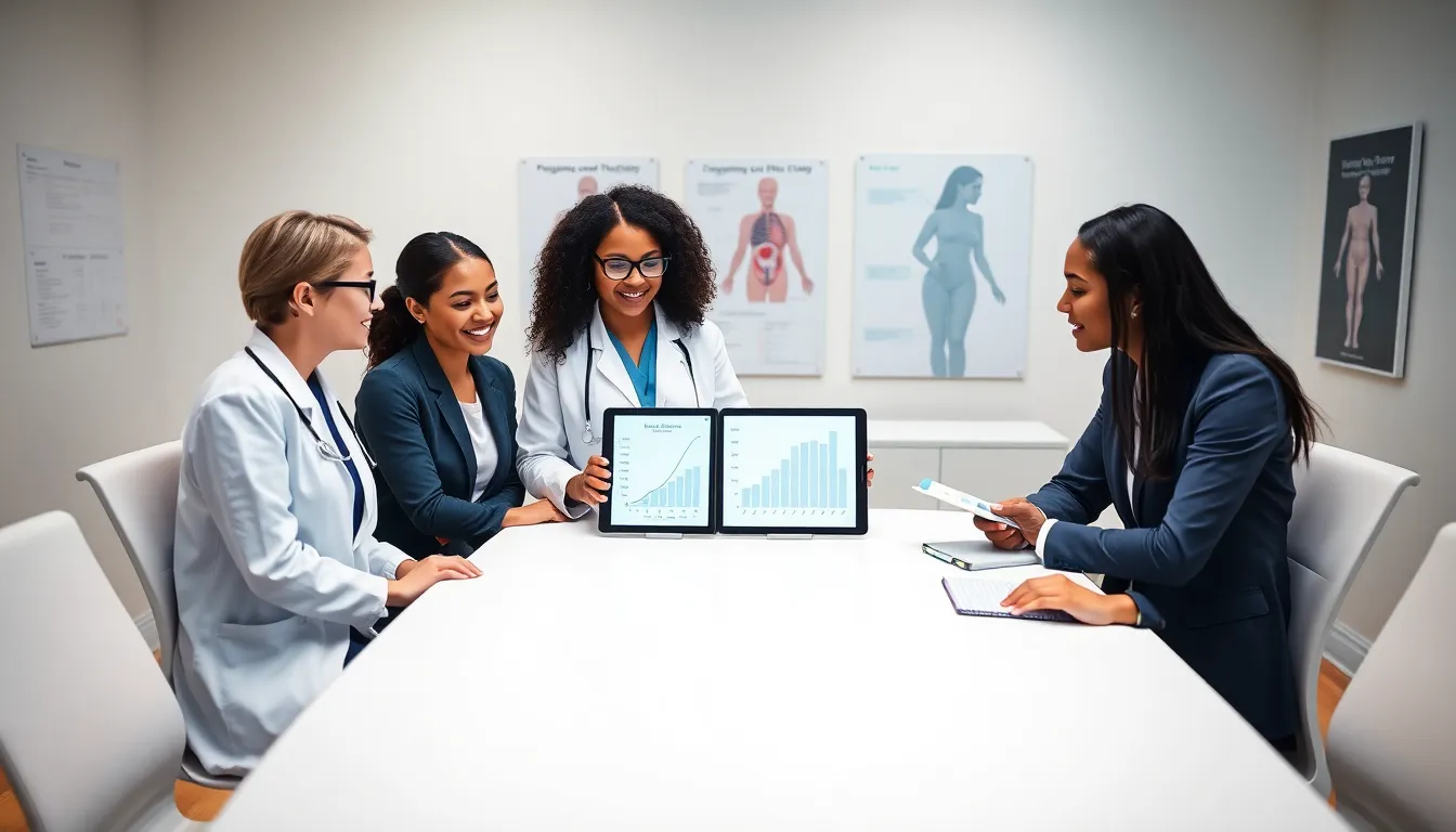 healthcare team discussing pregnancy test information in a modern setting.
