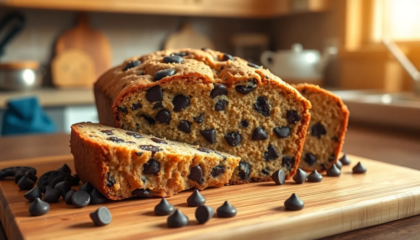 sliced Cookiesforlove Bread on a wooden cutting board in a cozy kitchen.