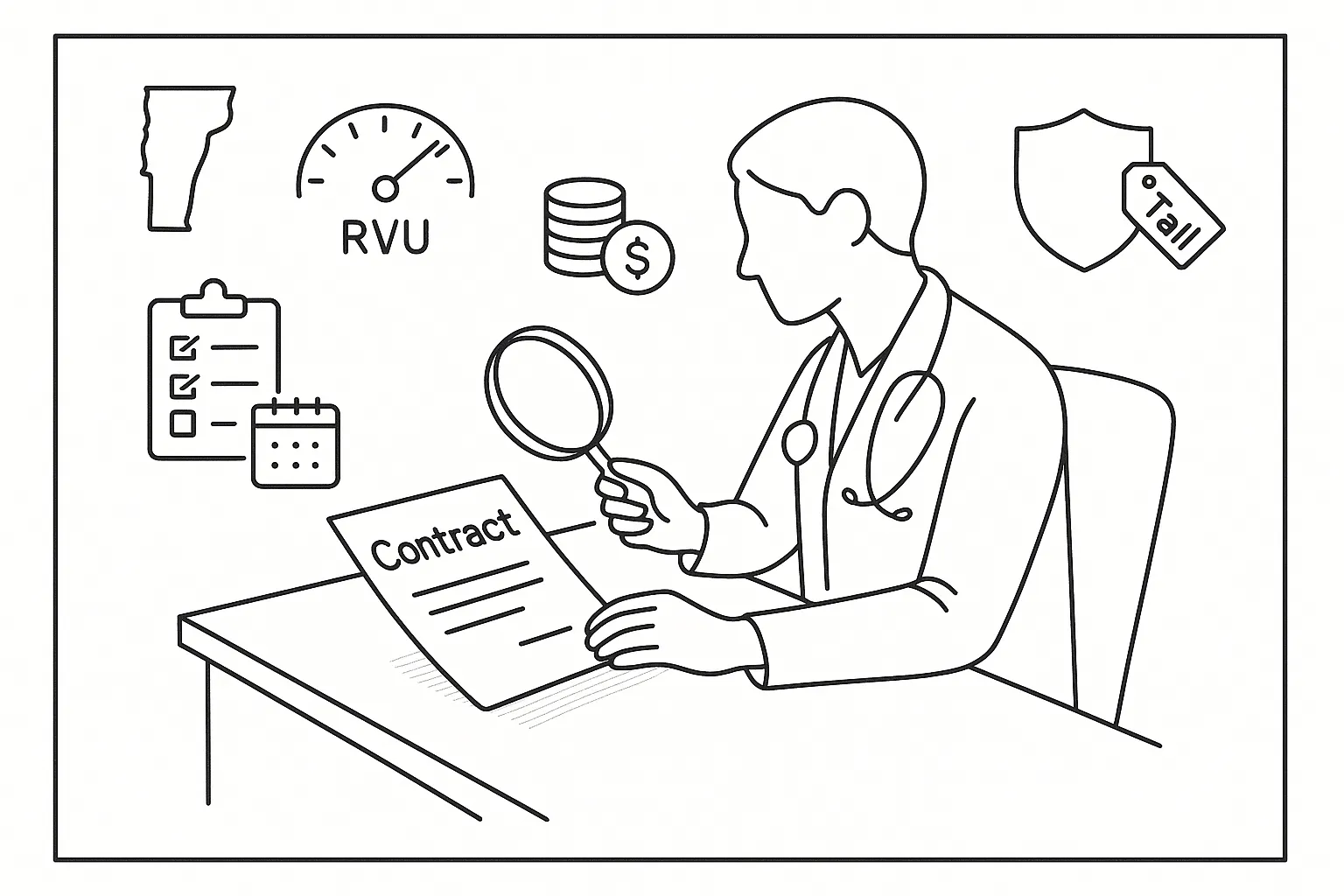 PA at desk reviewing contract with icons for RVUs, pay, malpractice, and benefits.