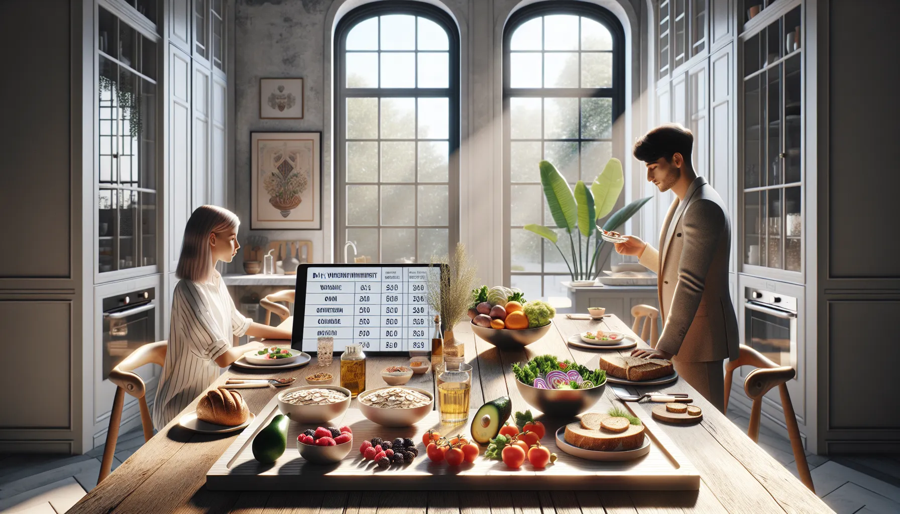Adolescents reviewing a healthy meal plan at a modern kitchen table.