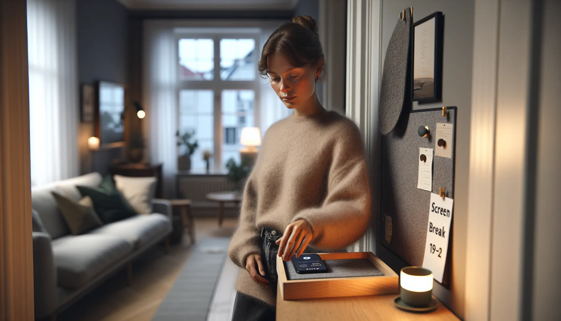 Norwegian woman sets phone aside for an evening screen break at home.