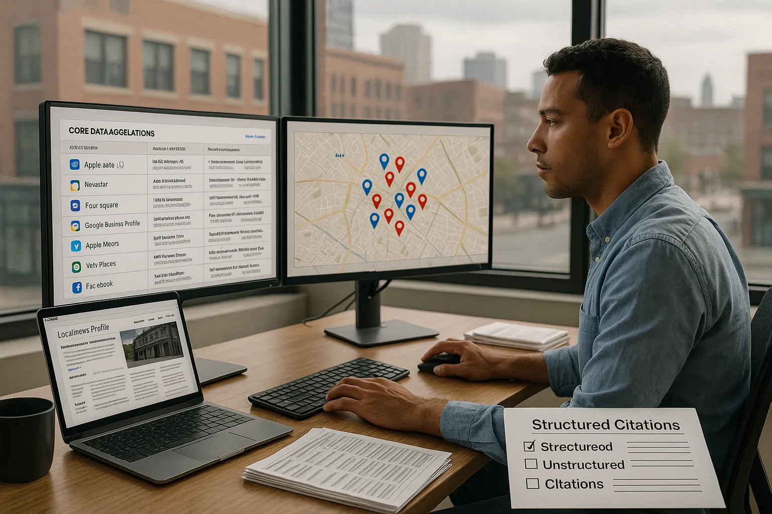 Marketer managing structured and unstructured local SEO citations on dual monitors.