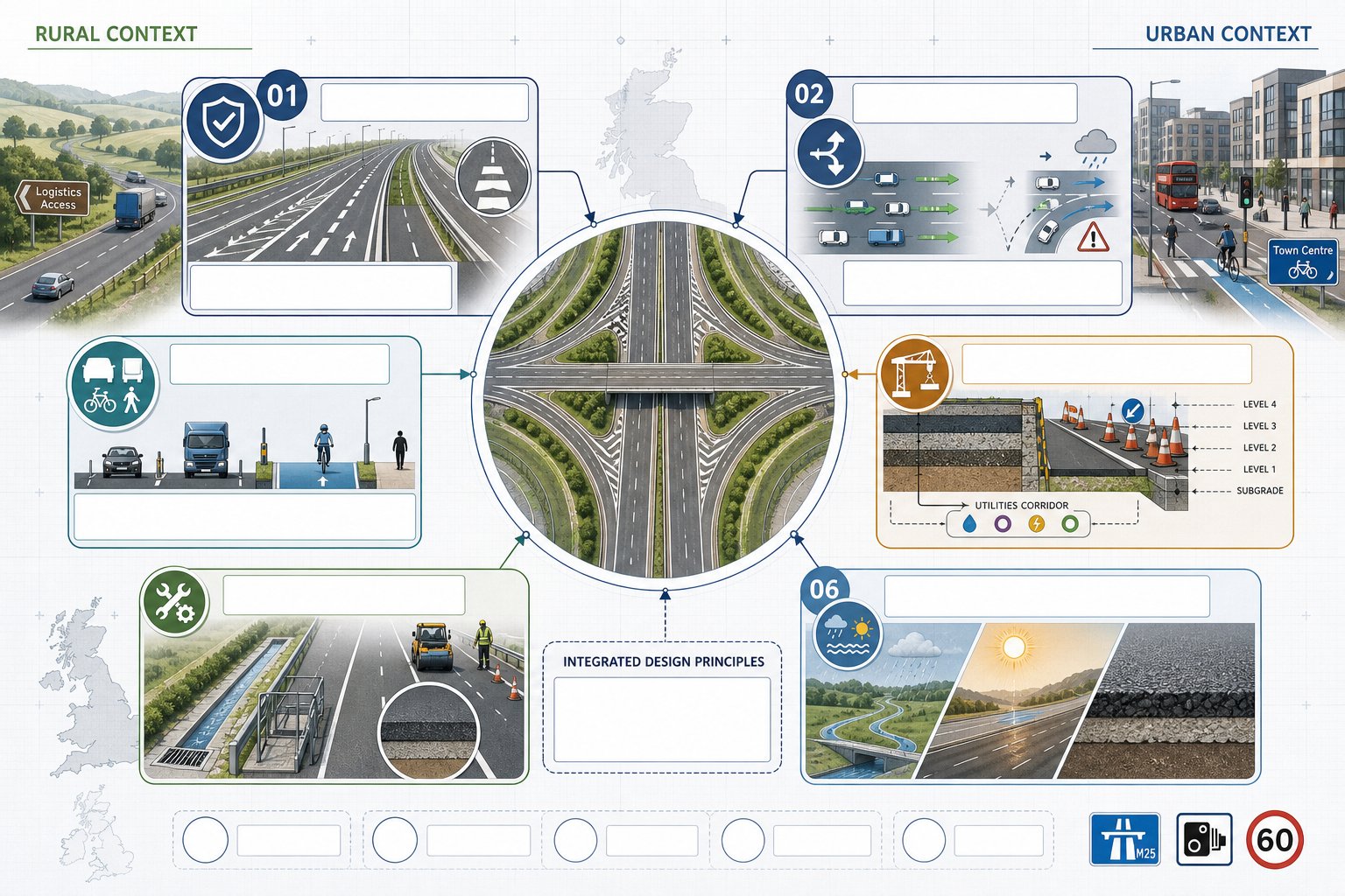 Infographic of key principles for safe, durable UK highway layout design.