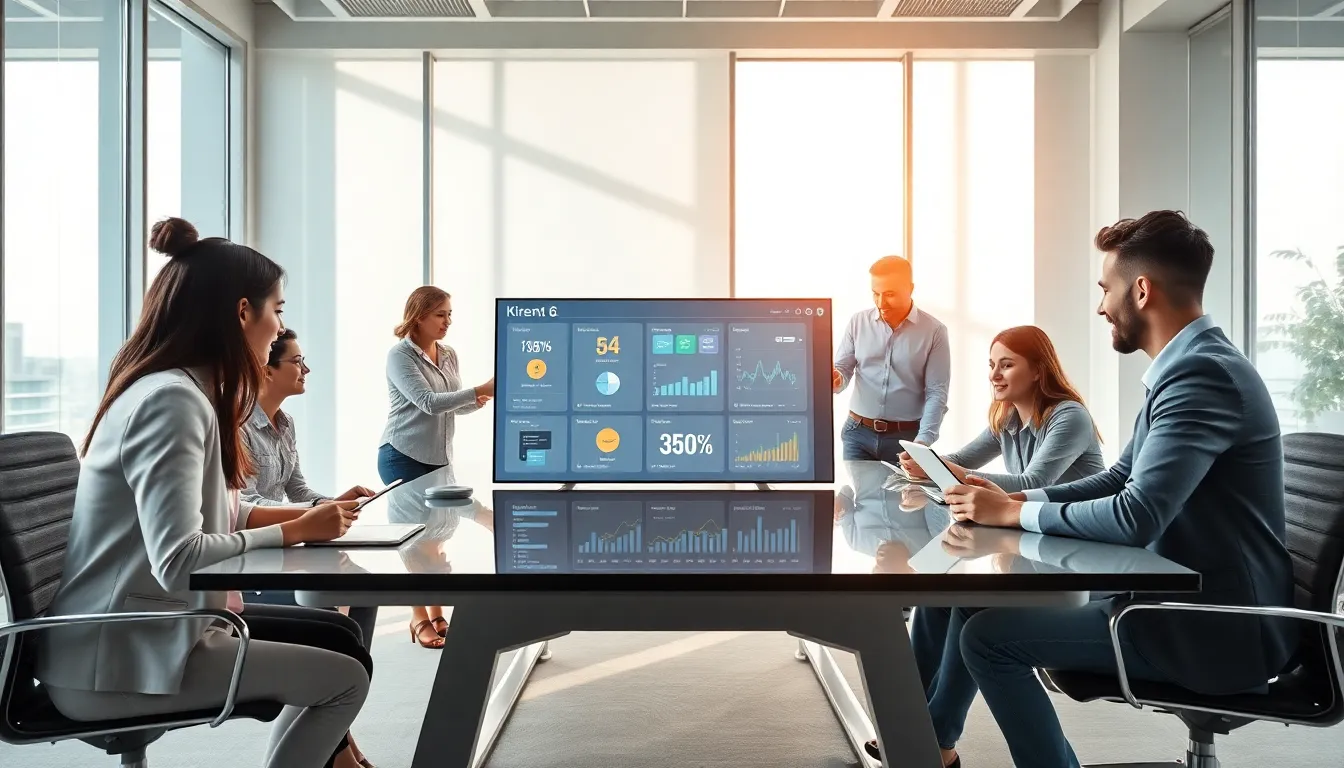 diverse professionals collaborating around a digital platform in a modern office.
