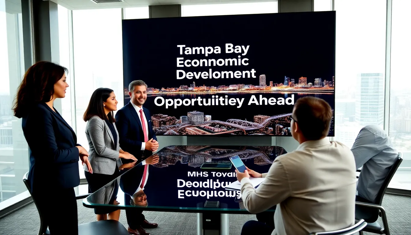 diverse professionals discussing Tampa Bay business developments in a modern office.