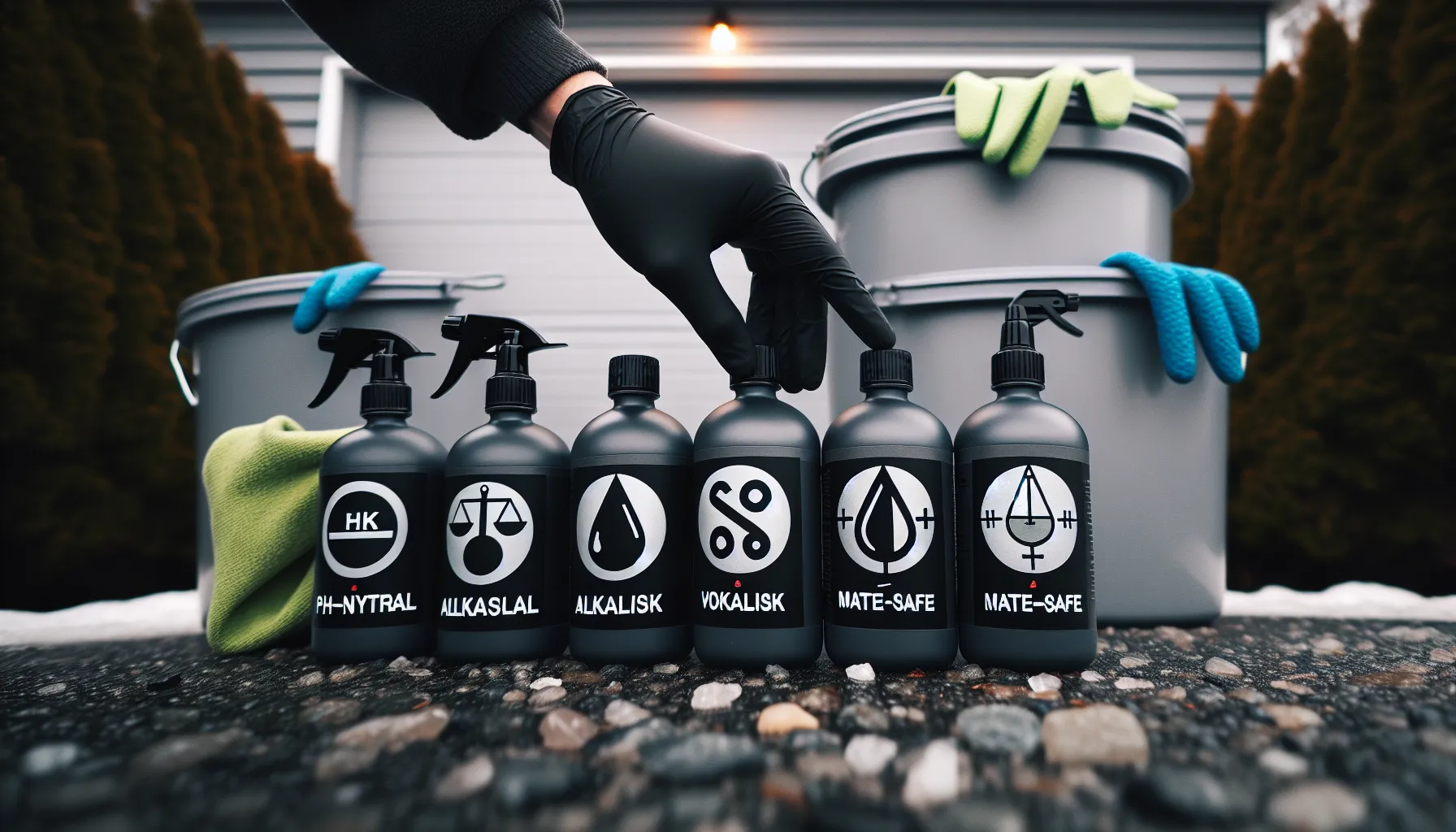 Hvordan velge riktig bilshampoo for din bil 2 Gloved hand choosing car shampoo among labeled bottles beside salty norwegian car.