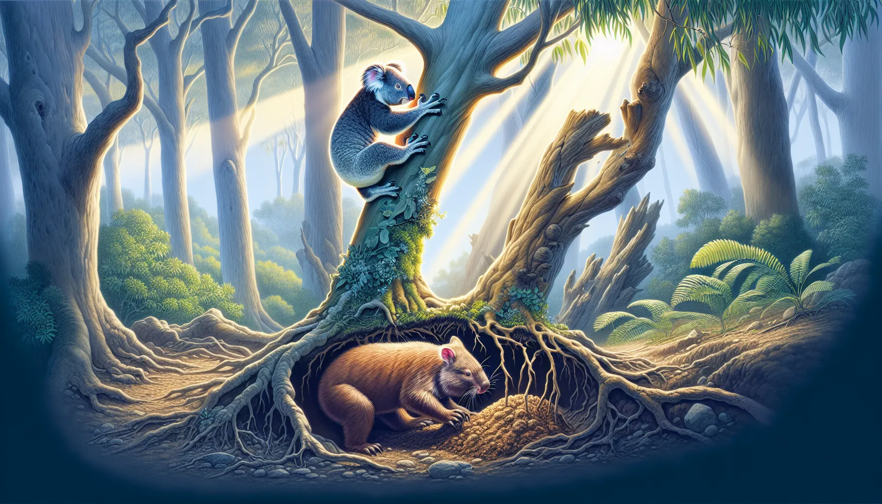 A koala in a eucalyptus tree and a wombat digging a burrow.