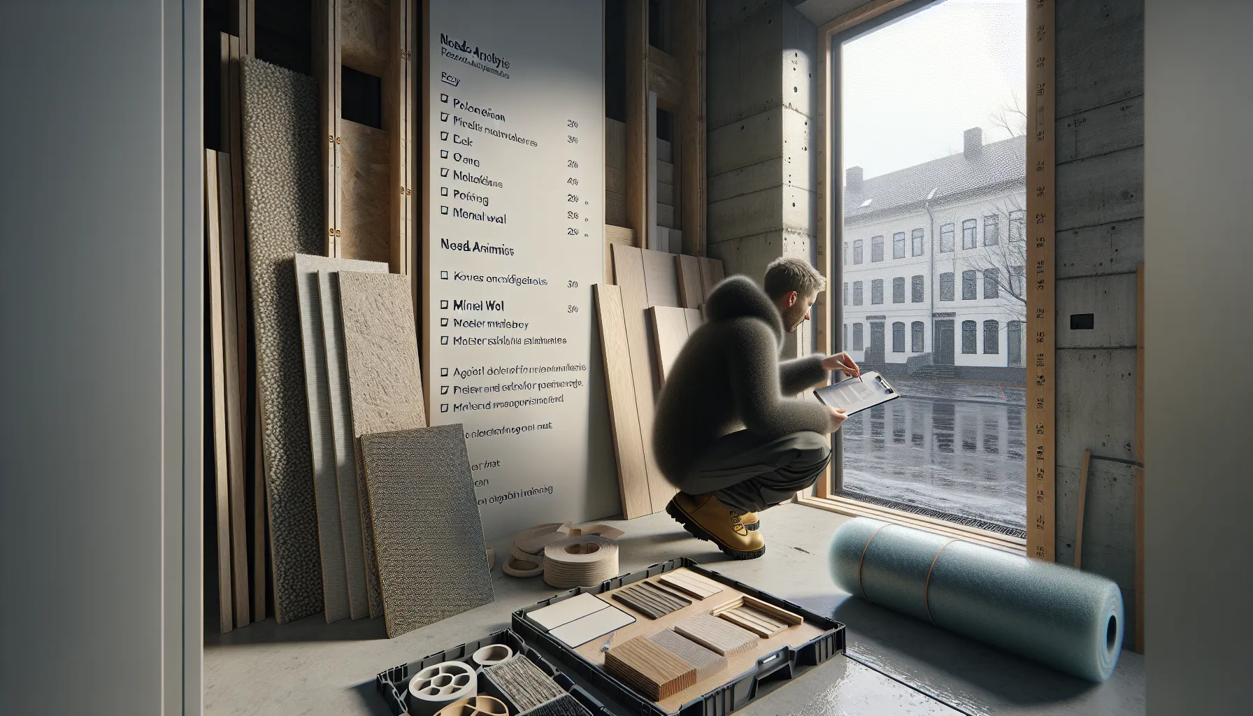 Renovation planner in norway comparing durable, moisture-safe, and reclaimed material samples.