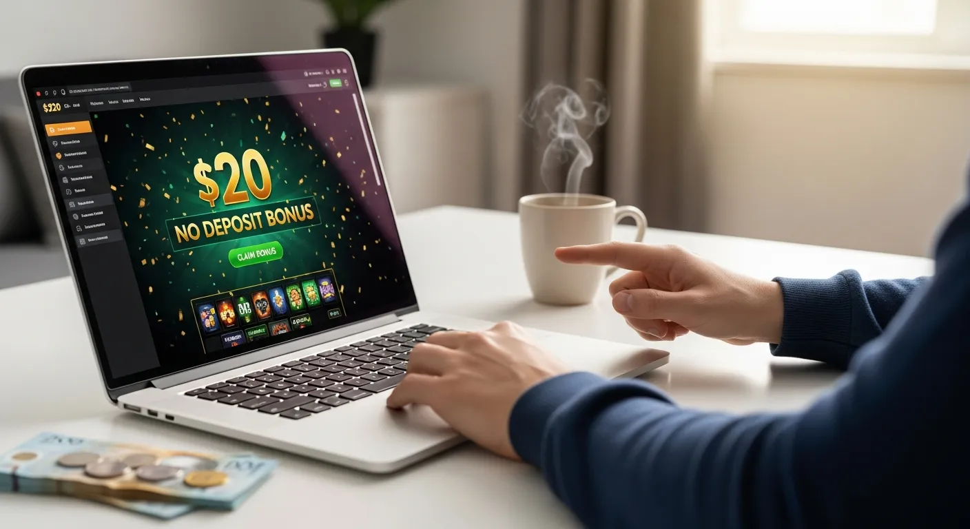 Person about to claim a $20 no deposit casino bonus on a laptop.