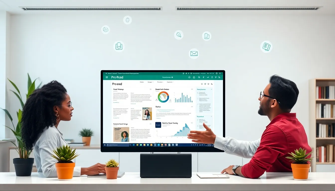 two researchers collaborating over digital research resources.