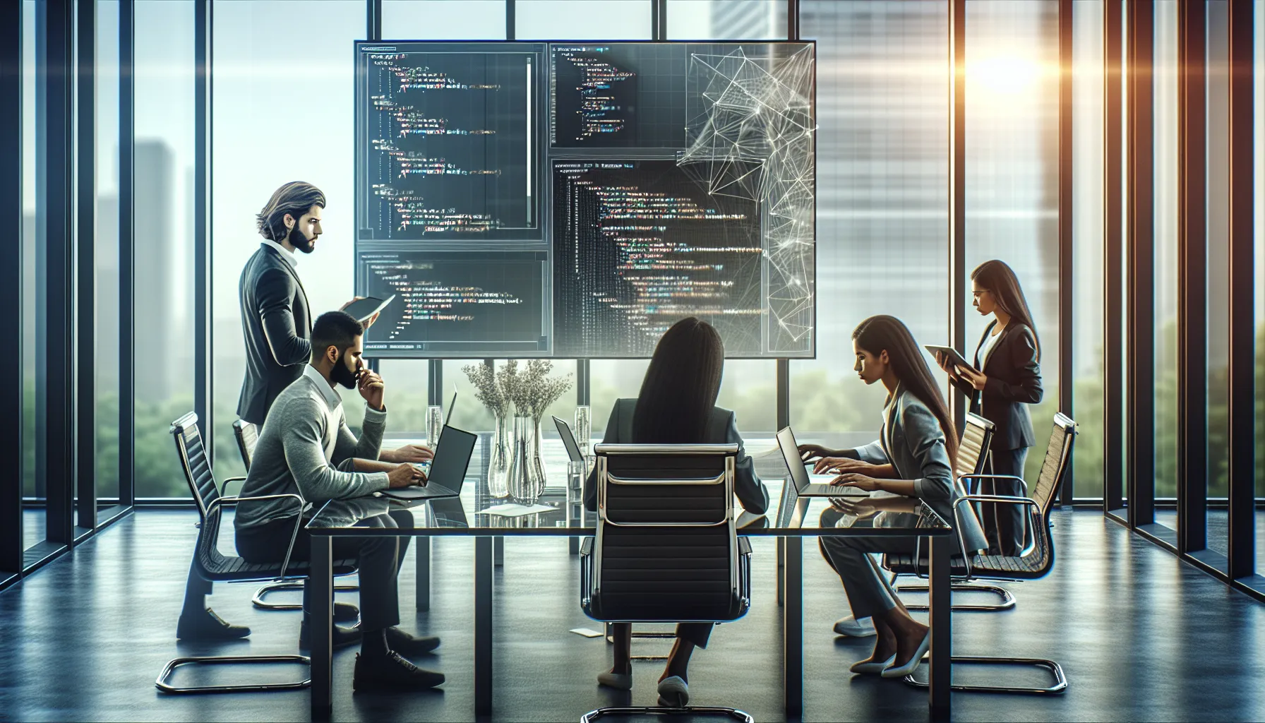 diverse team collaborating on Python programming in a modern office.