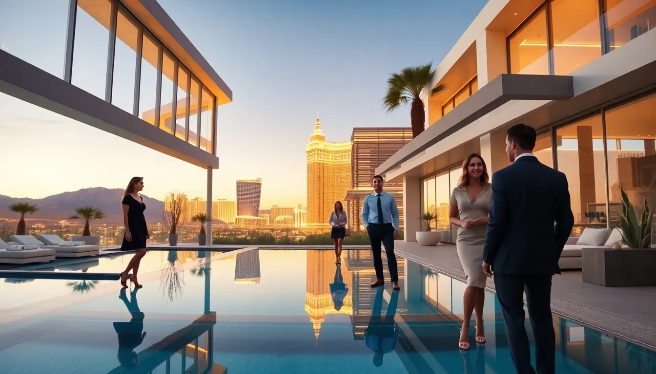 Luxury home exterior in Las Vegas with diverse professionals discussing real estate.