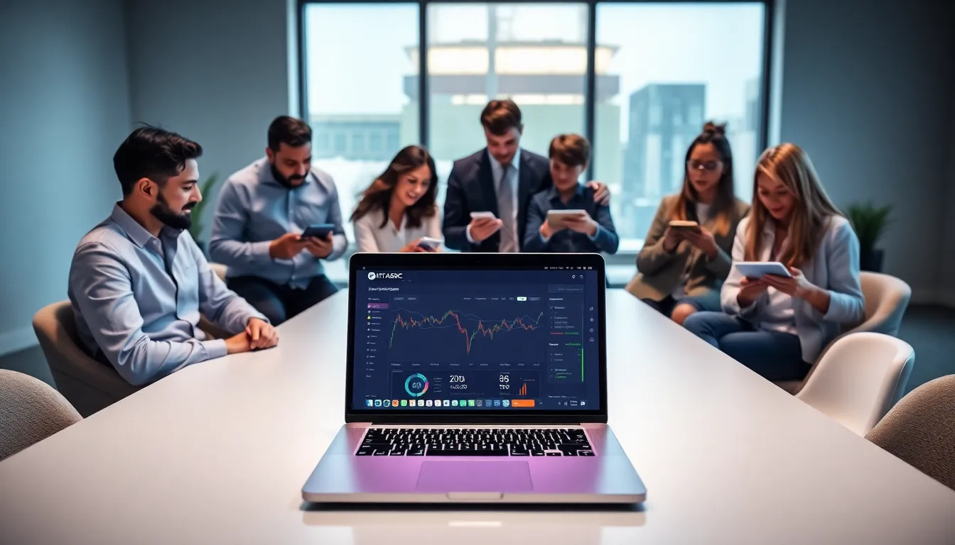 diverse professionals using laptops in a modern office.