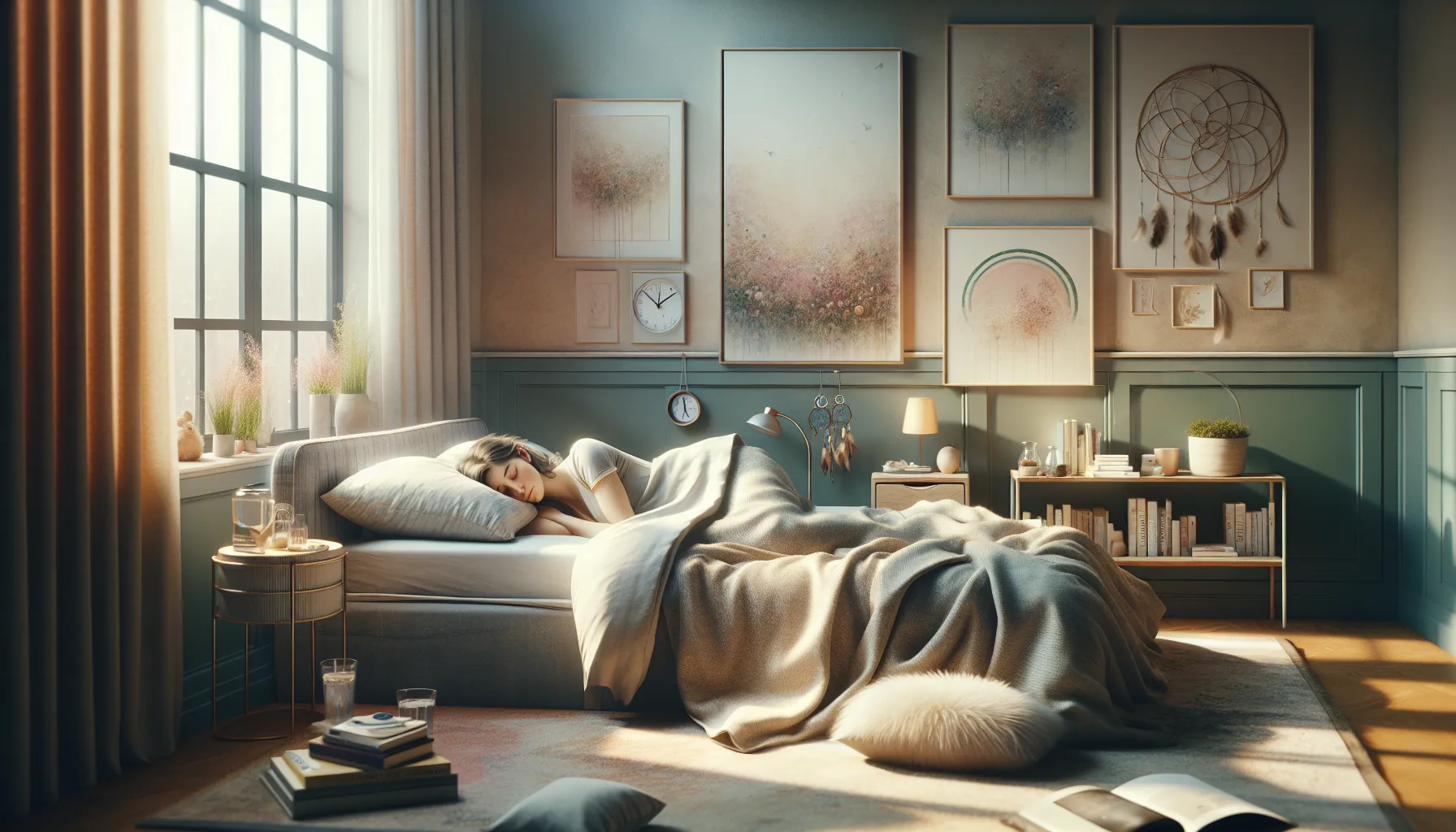 a woman peacefully sleeping in a cozy bedroom during the morning.