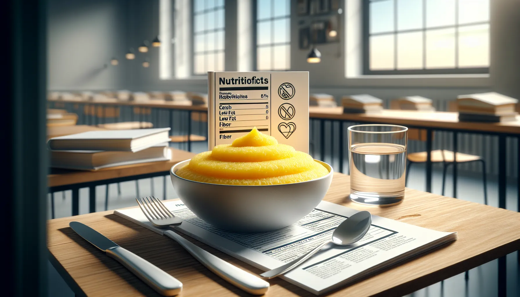 Bowl of palenta with nutrition facts icons in a modern cafeteria.