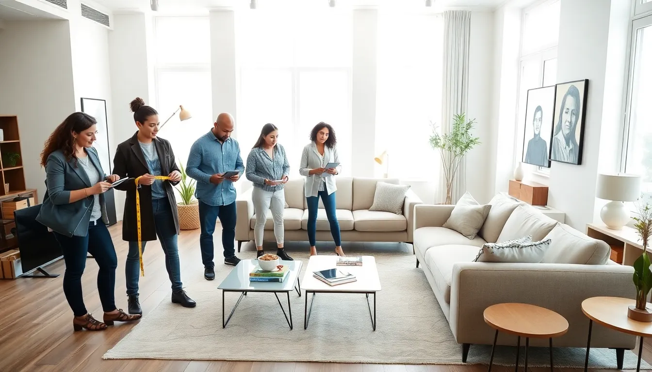diverse team measuring a room for furniture layout.