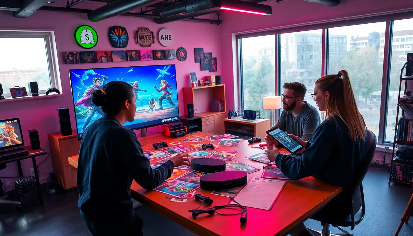 game developers collaborating in a vibrant gaming studio in the U.S.