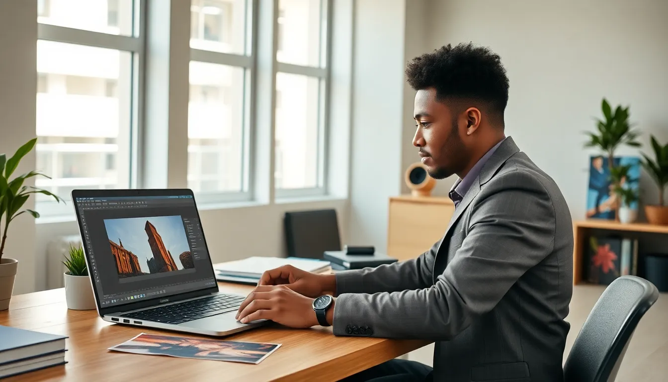 photographer editing images using darkroom software on a laptop.