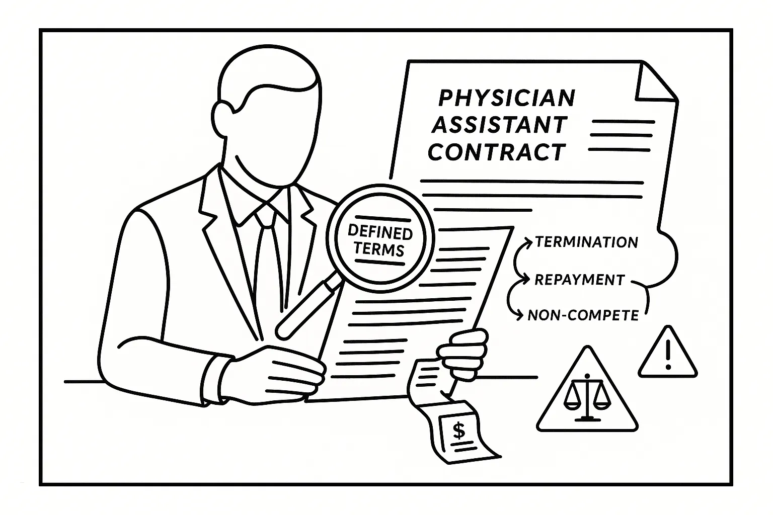 Person examining a physician assistant contract with magnifying glass and linked sections of Indiana Physician Assistant Contract Review.