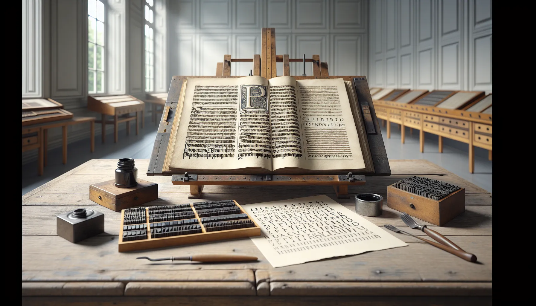 Open early printed book with movable type blocks on a museum table.