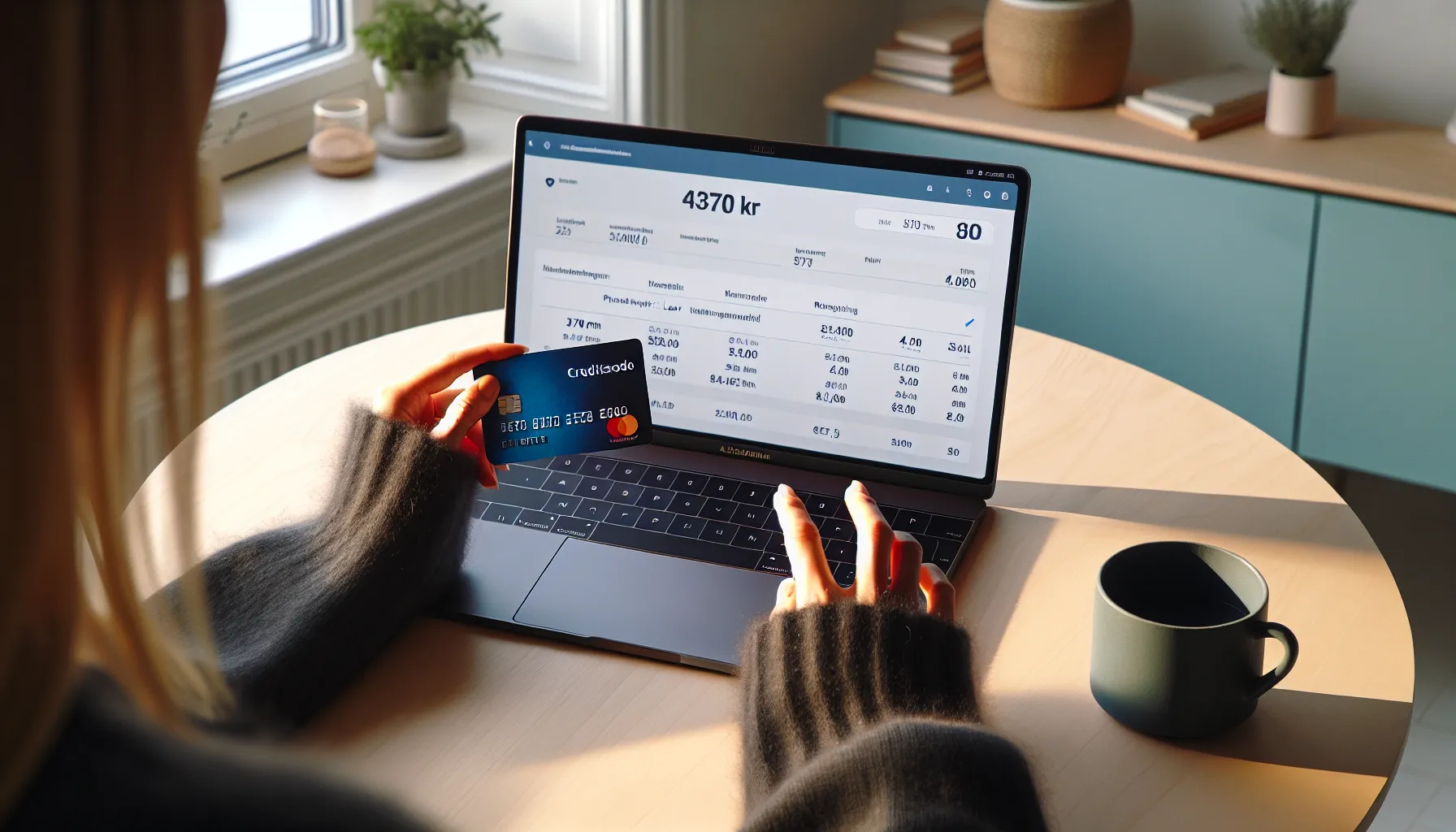 Hvordan bruke kredittkort for å bygge kredittscore effektivt 2 Norwegian woman reviews high credit score while holding a credit card.