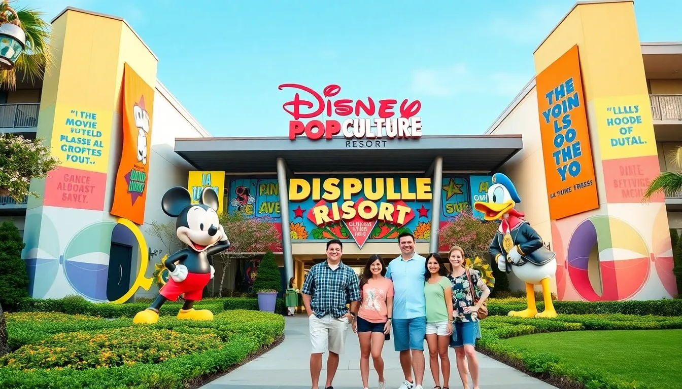 vibrant entrance of Disney Pop Culture Resort with iconic character sculptures.