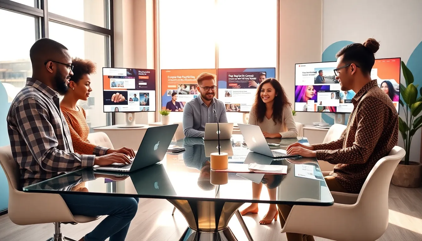 diverse team collaborating in a modern digital workspace.