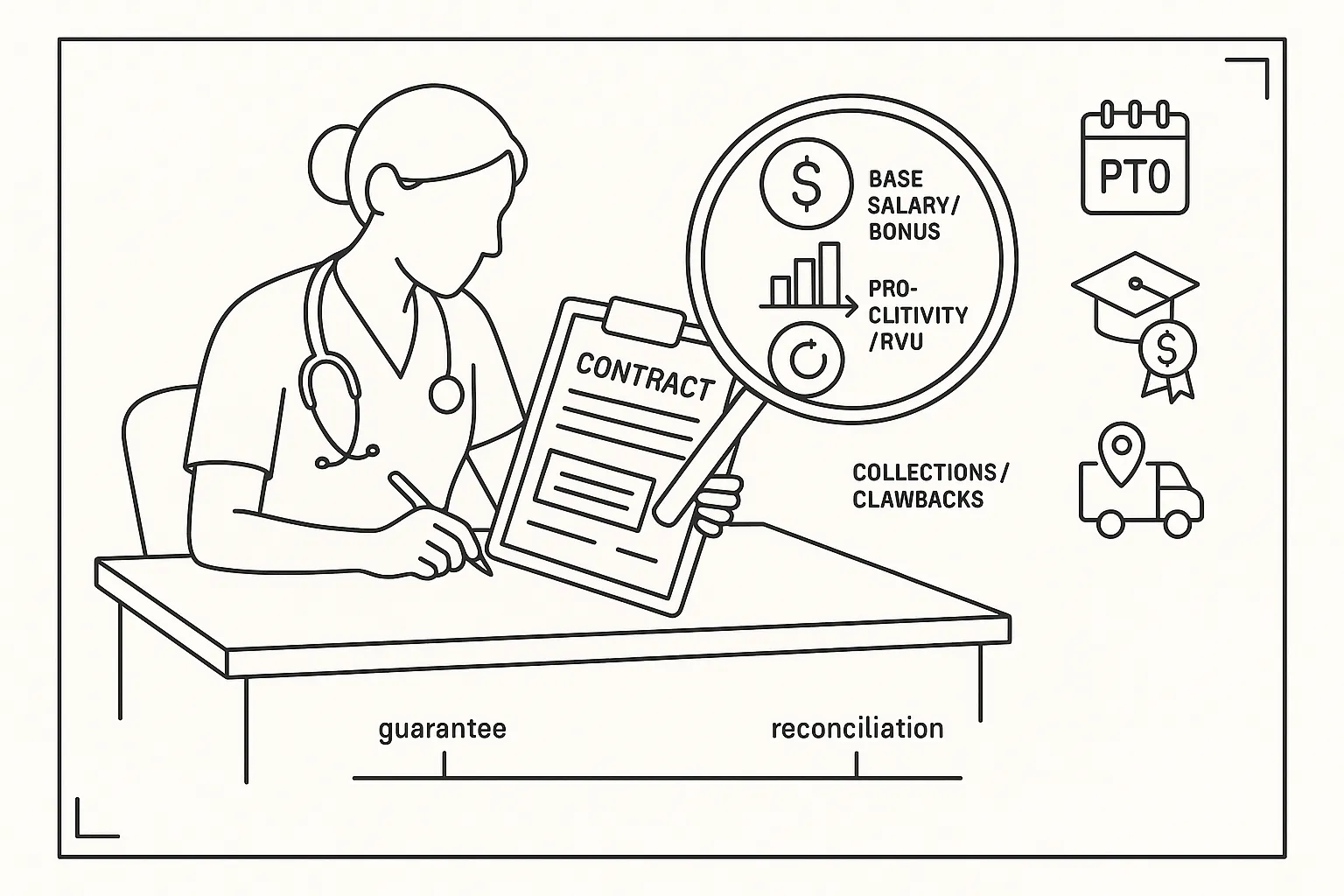 Nurse practitioner reviewing contract with icons for salary, RVUs, PTO, and benefits.