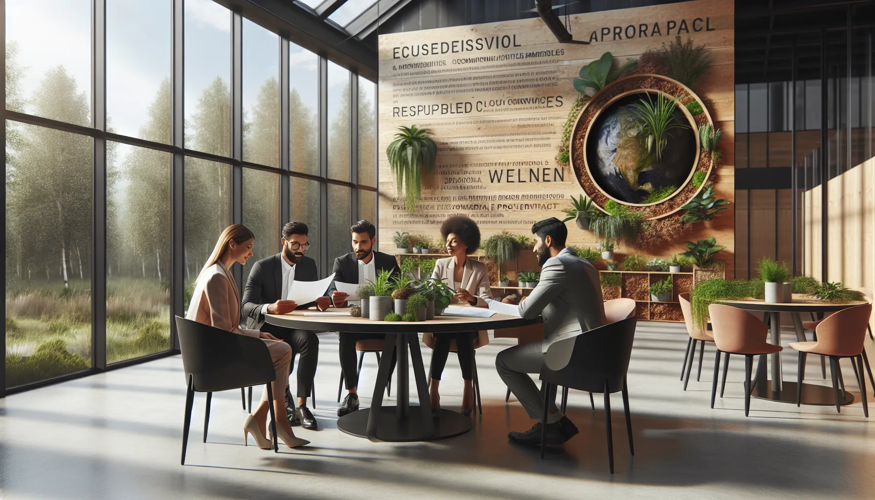 diverse team collaborating in a sustainable office environment.