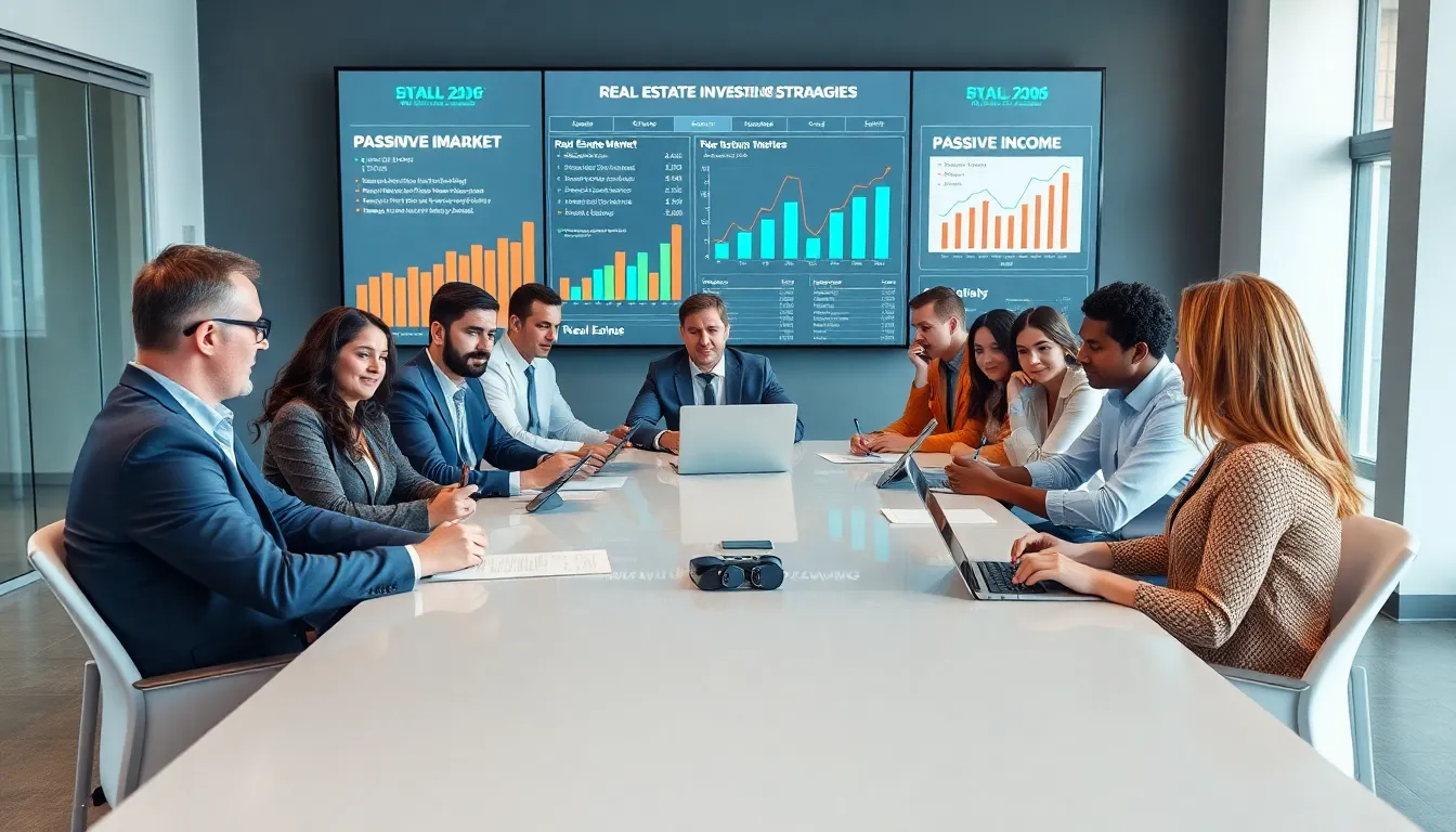 diverse team discussing real estate investing in a modern office.