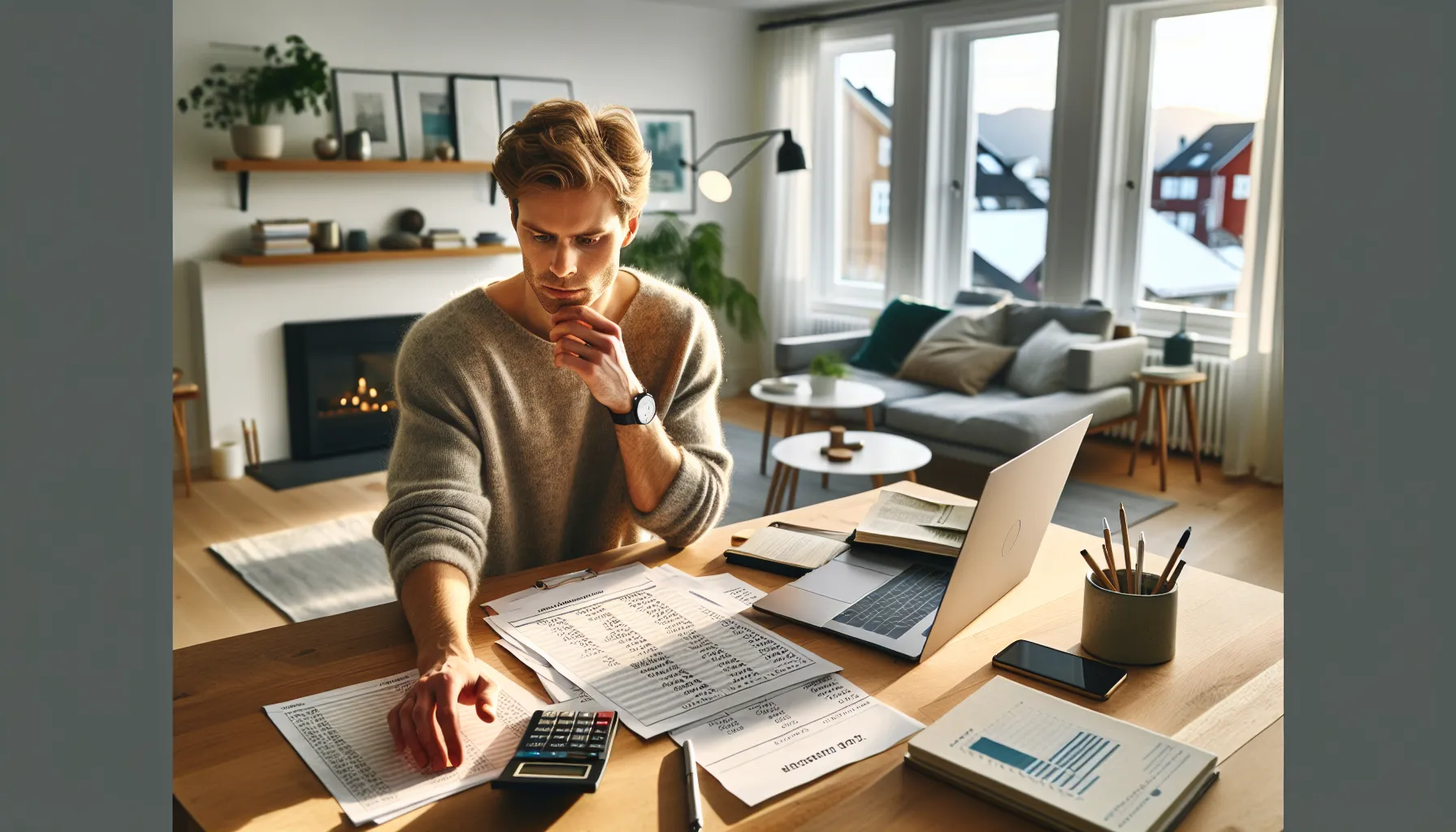 Norwegian entrepreneur at home table carefully planning detailed startup costs on a budget.