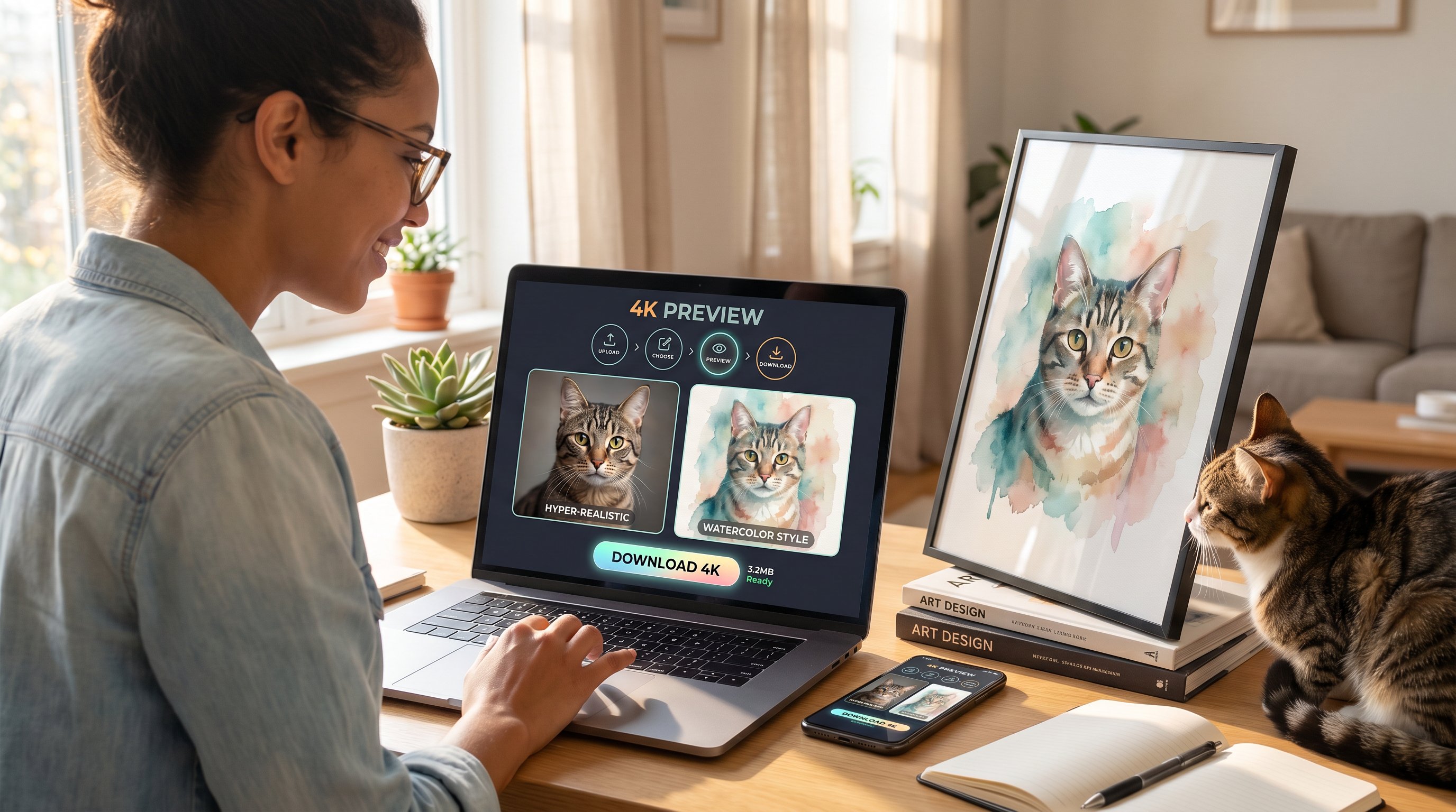 Laptop showing 4K AI cat portrait previews with woman and printed watercolor cat.