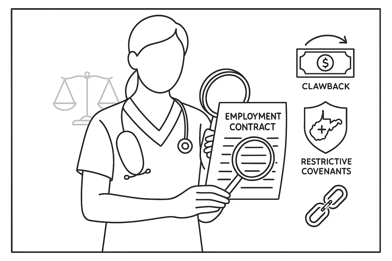 Nurse practitioner examining an employment contract with magnifying glass and icons of West Virginia Nurse Practitioner Contract Review.