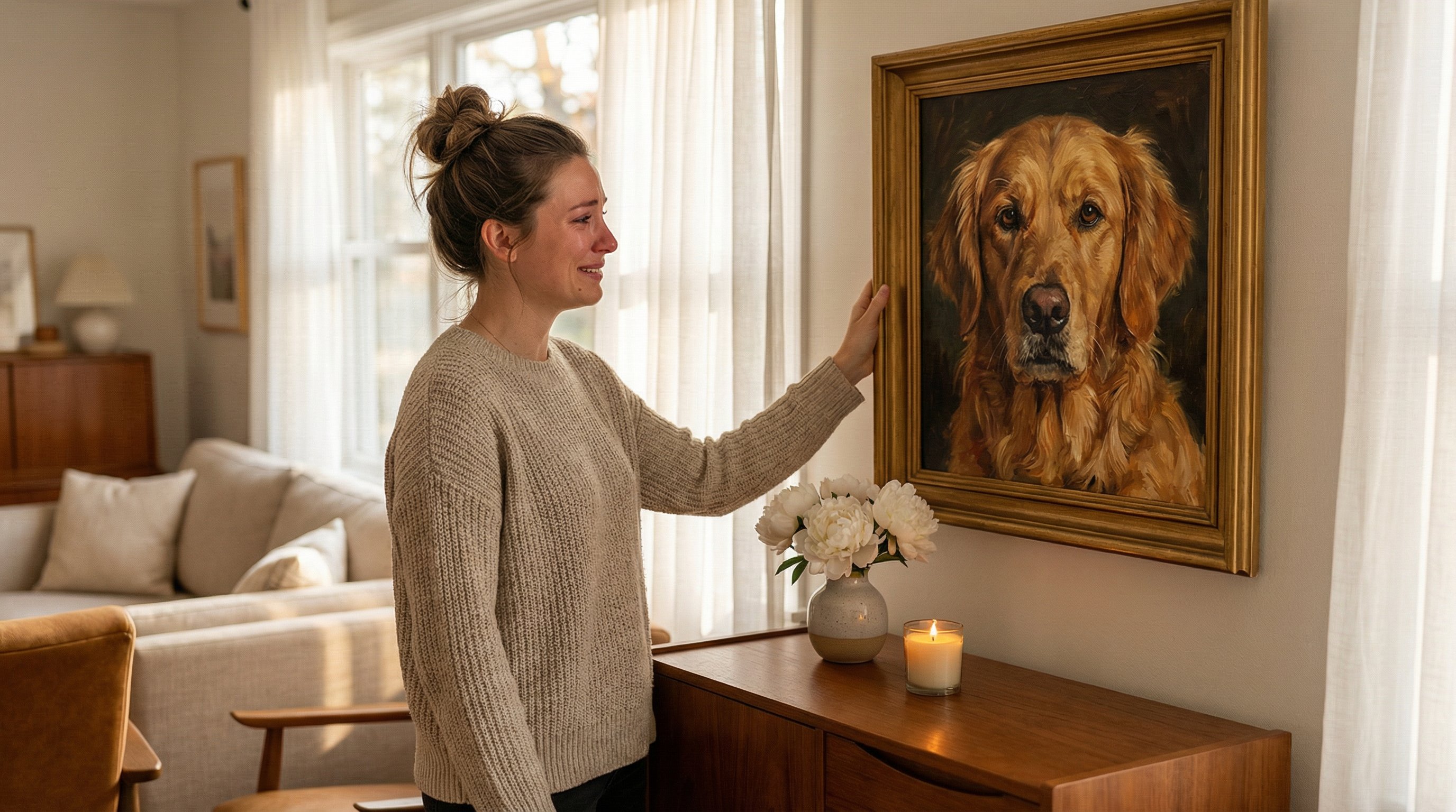 Woman admiring a framed custom golden retriever portrait in a sunlit living room.