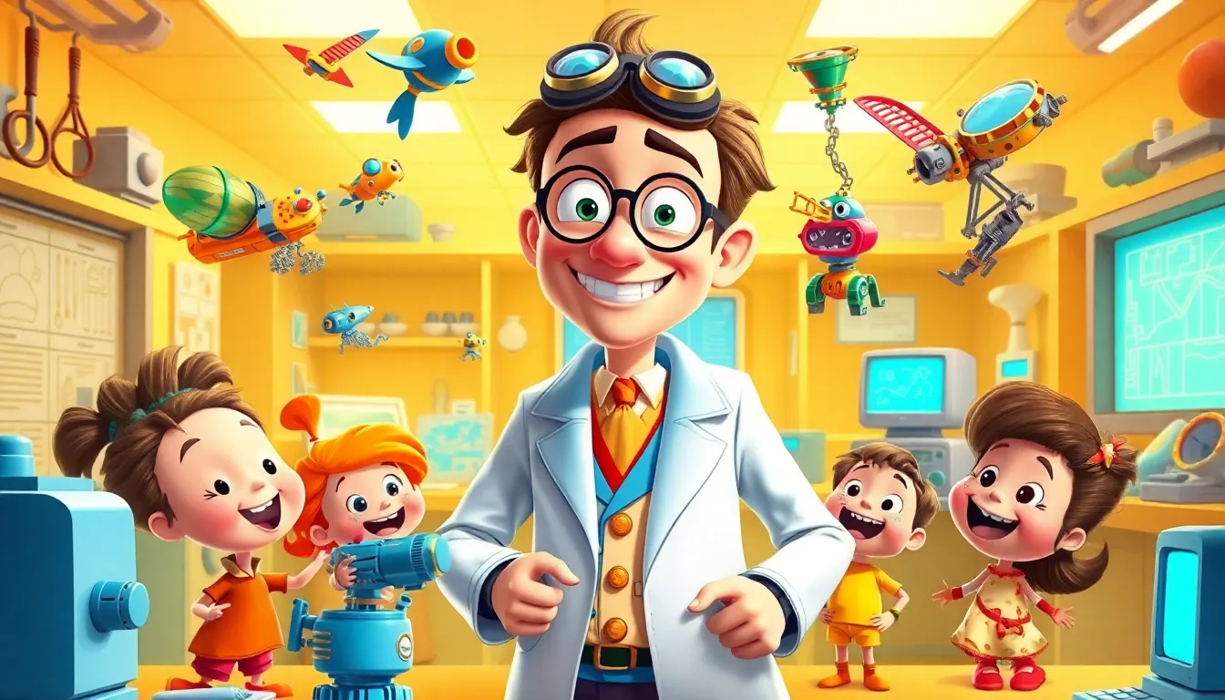 scientist Gadget and diverse characters in a vibrant laboratory setting.