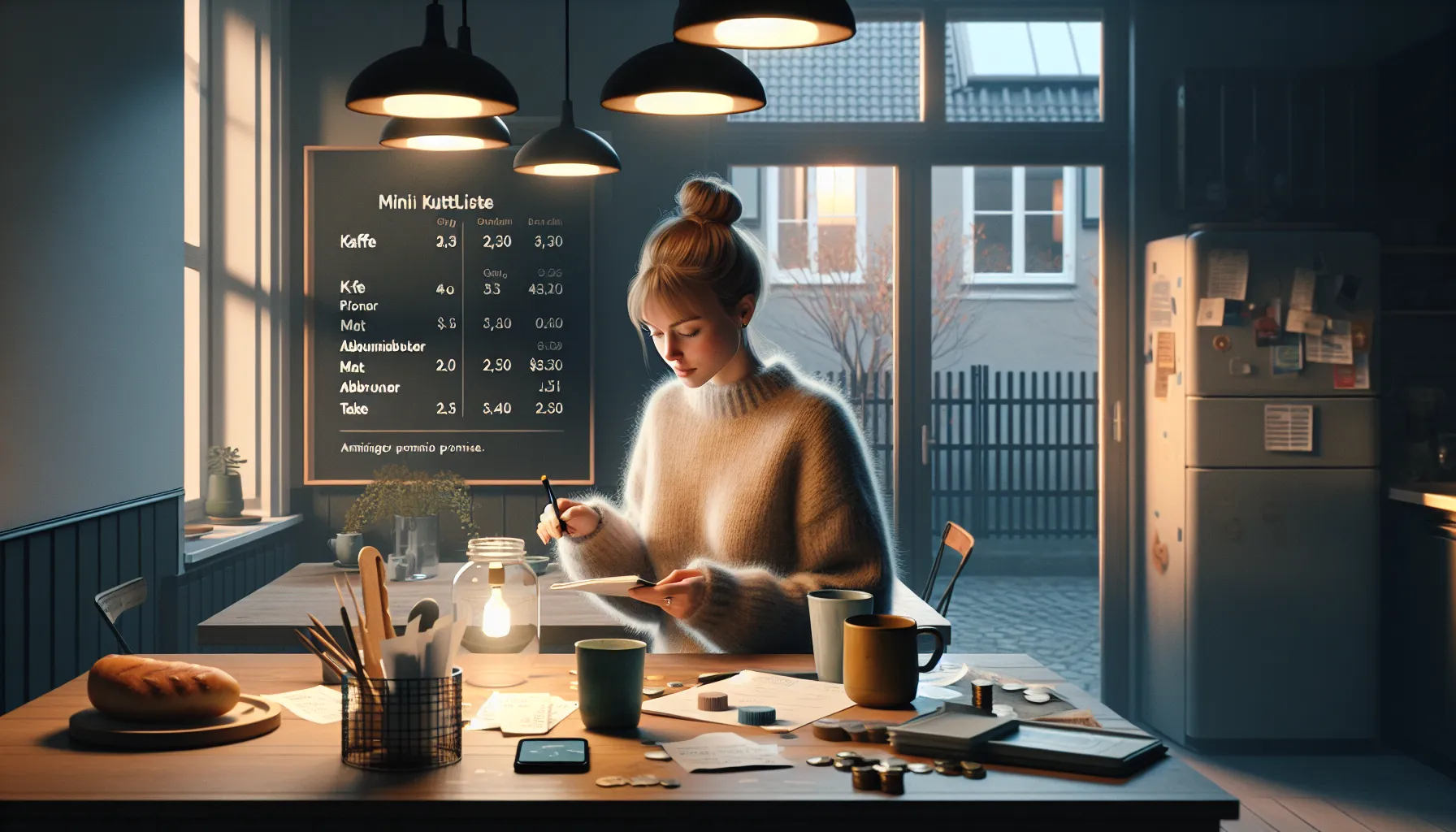 Slik kan du bruke små beløp til å nå store økonomiske mål 3 Norwegian woman at kitchen table tracking small daily expenses to free money for saving.